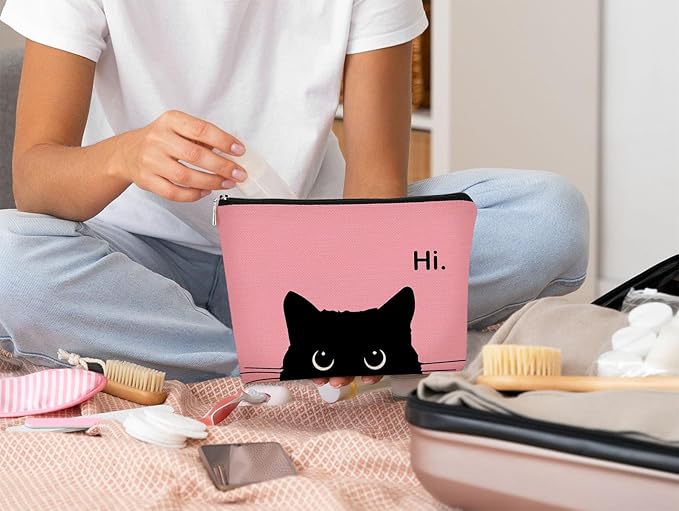 BARPERY Cute Cat Makeup Bag - Black & Pink, Small Cosmetic Bag for Women & Teen Girls, Birthday Gift for Cat Lovers & Owners