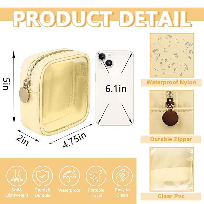 UIXIZQ Clear Mini Makeup Bag for Purse, Small Nylon&PVC Cosmetic Bag TSA Approved Toiletry Bag with Zipper, Transparent Travel Bag Coin Purse for Women Men Girls(Beige)