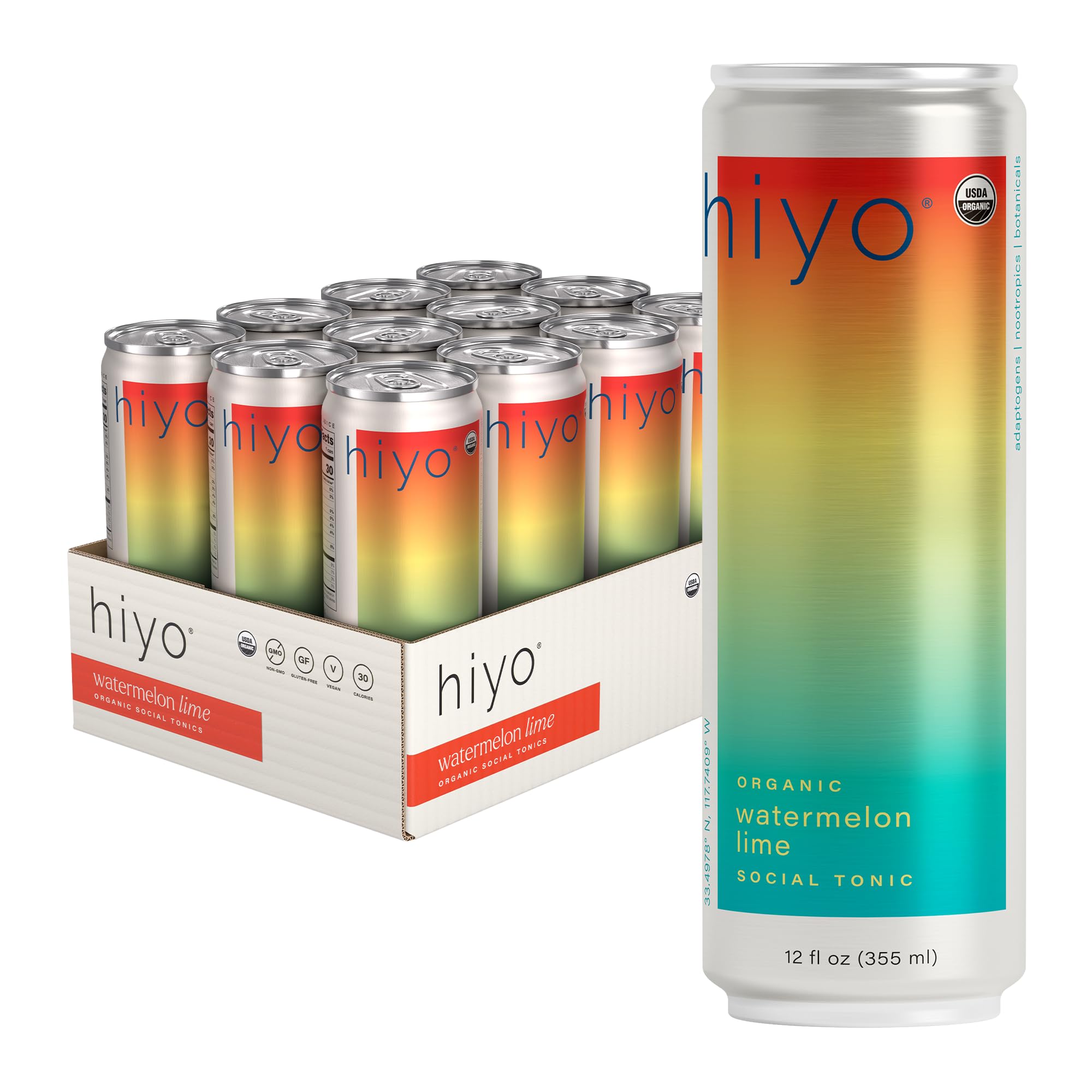 Hiyo Organic Social Tonic – Watermelon Lime, 12 Pack - Non-Alcoholic Functional Seltzer, Flavored Sparkling Water Crafted with Organic Adaptogens, Nootropics & Botanicals