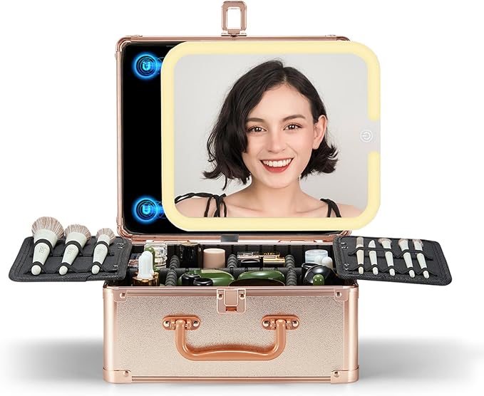 OMIRO Makeup Case, Travel Makeup Bag with Light Up Mirror Set, Makeup Organizer Box with Magnet Travel Makeup Mirror for Women (Rose Gold)