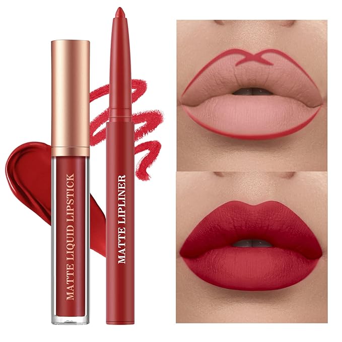 BestLand 6Pcs Matte Liquid Lipstick + Lip Liner Pens Set, One Step Lips Makeup Kits Pigment Velvety Nude Lip Stain Waterproof Long Wear Lip Gloss Make up Gift Set (Chic Shades Lip Set)