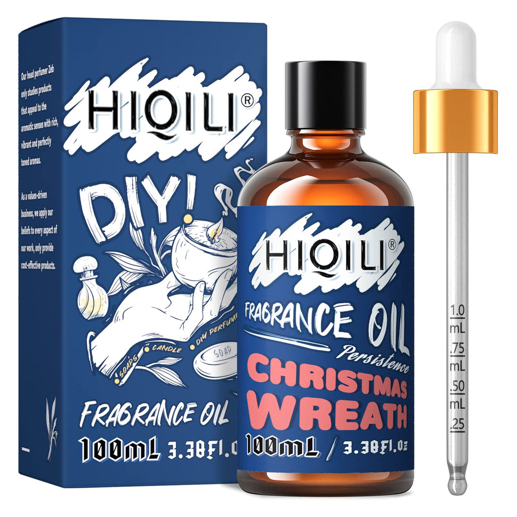 HIQILI Christmas Wreath Essential Oil 100ml - Pure Fragrance Oil for Diffuser, Aromatherapy, DIY Candle Soap Perfume Lotion Making, 3.38 Fl Oz