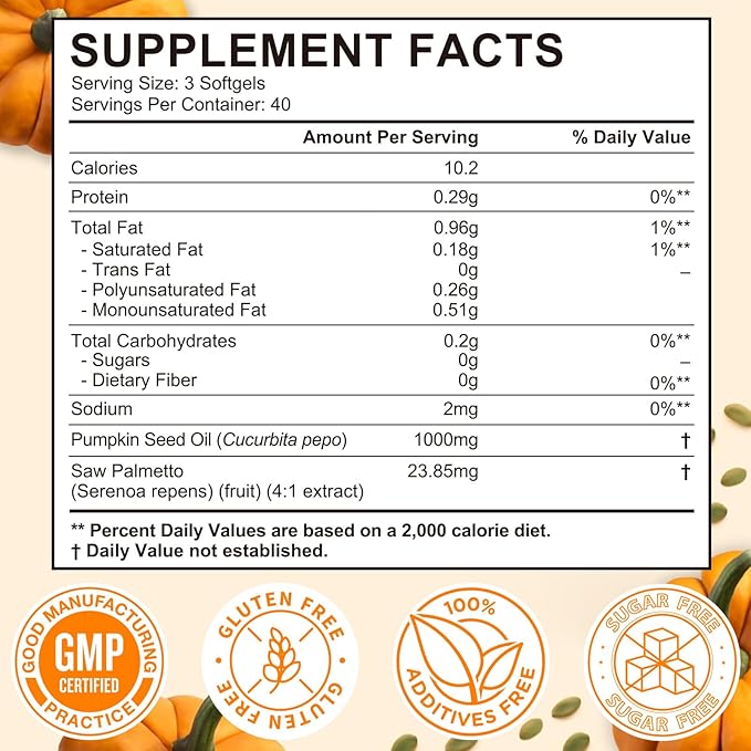 SXOSXO Pumpkin Seed Oil Capsules, 2-in-1 Formula with Saw Palmetto, Cold Pressed Virgin Oil for Hair Growth & Prostate Health, Rich in Essential Fatty Acids & Phytosterols, Non-GMO, 100 Softgels