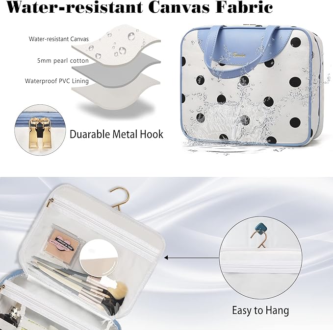 Toiletry bag for Women Hanging Travel Toiletry Bag for Toiletries Polka Dots Pattern Toilery Organizer with Hanging Hook Ideal for Full Sized Toiletries and Cosmetics