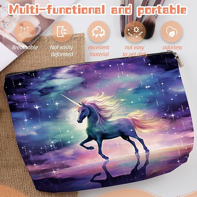 Scribesense Makeup Bag Travel Cosmetic Bags Small Makeup Case Waterproof Zipper Pouch for Women Girls 7X9inches - Unicorn in A Starry And Cloudy Background
