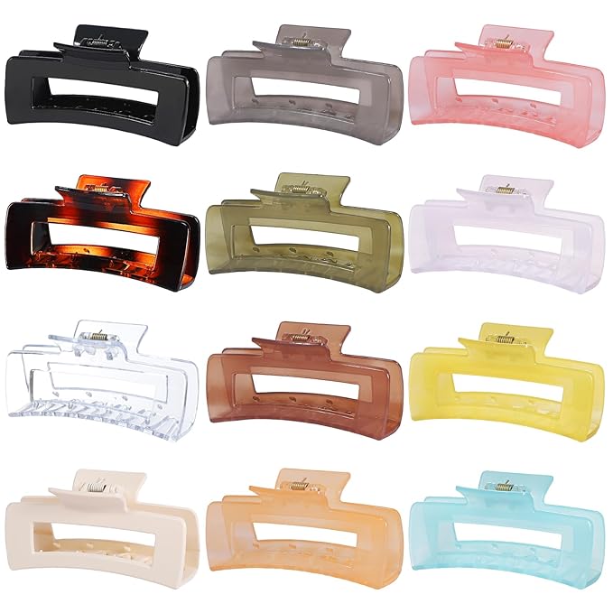 Sisiaipu 12 Pack Large Square Hair Claw Clips for Women and Girls, 4.1 x 2.1 x 1.2 inch, 12 Rubber Paint and Plastic Materials, Non-Slip Jumbo Jaw Design - Jelly