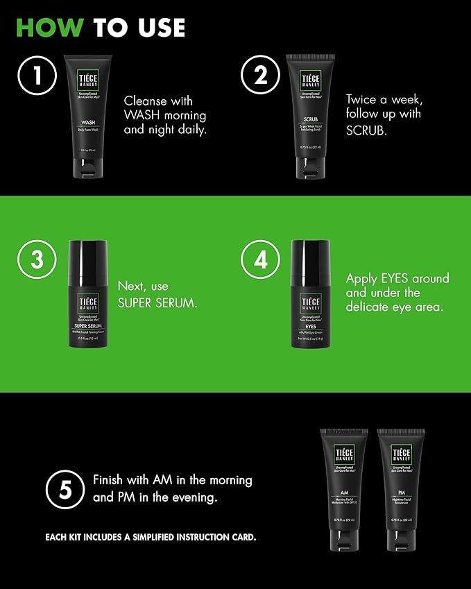 Tiege Hanley Anti-Aging Men's Skin Care Set, 30-Day, 6 Piece Kit