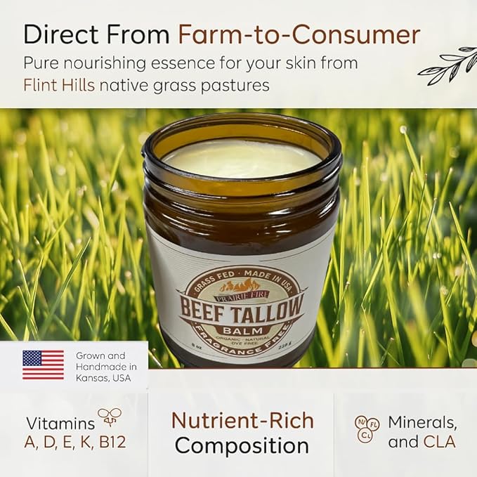 Prairie Fire Candles Grass Fed Beef Tallow Balm Grown and Made in USA - Organic Grass Fed and Finished Tallow - Moisturizing Skin Care Tea Tree 4 oz