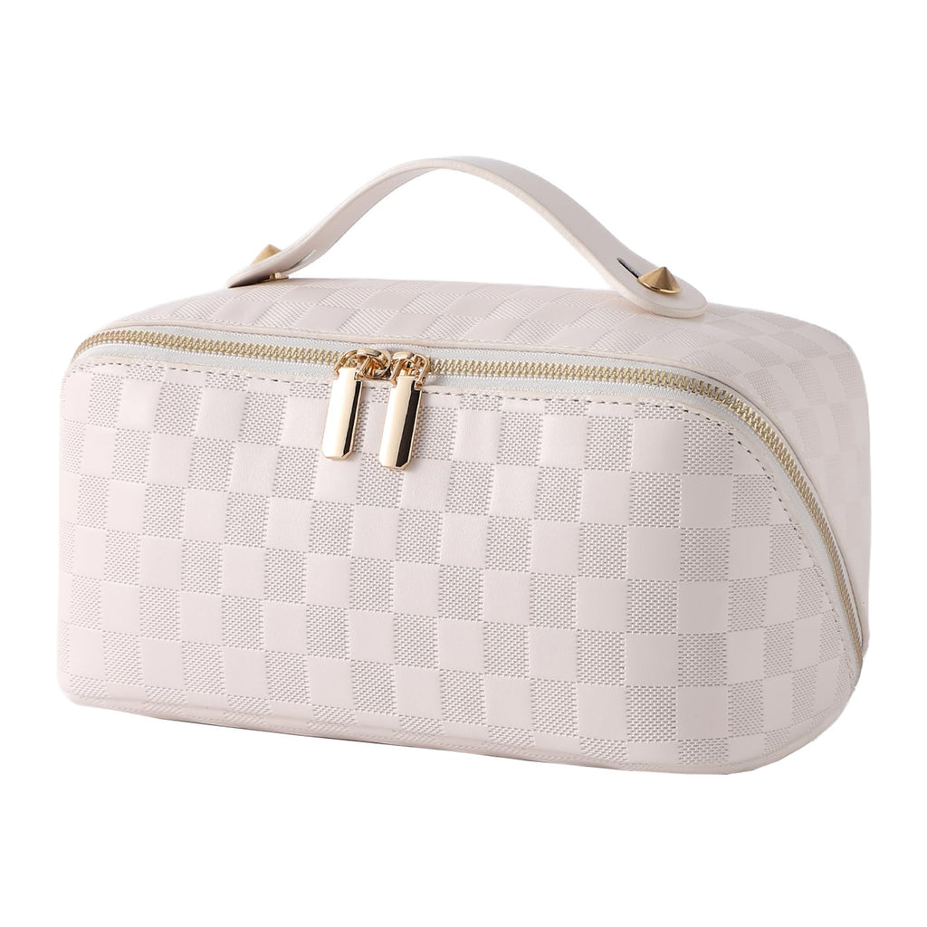 Cuteseason PU Leather Makeup Bag for Women, Structured Makeup Case with Wide Opening, Travel Cosmetic Bag with Compartments and Handle, Water-Resistant Makeup Organizer(White Checkered Grain)