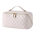 Cuteseason PU Leather Makeup Bag for Women, Structured Makeup Case with Wide Opening, Travel Cosmetic Bag with Compartments and Handle, Water-Resistant Makeup Organizer(White Checkered Grain)