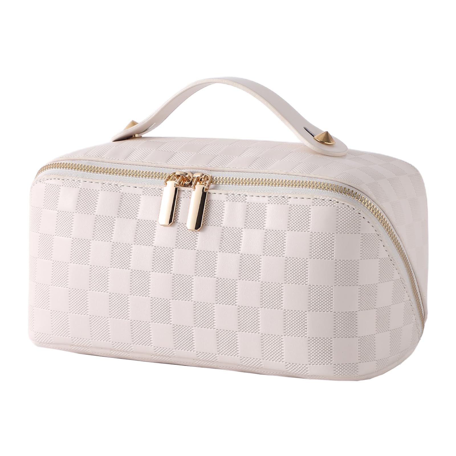 Cuteseason PU Leather Makeup Bag for Women, Structured Makeup Case with Wide Opening, Travel Cosmetic Bag with Compartments and Handle, Water-Resistant Makeup Organizer(White Checkered Grain)