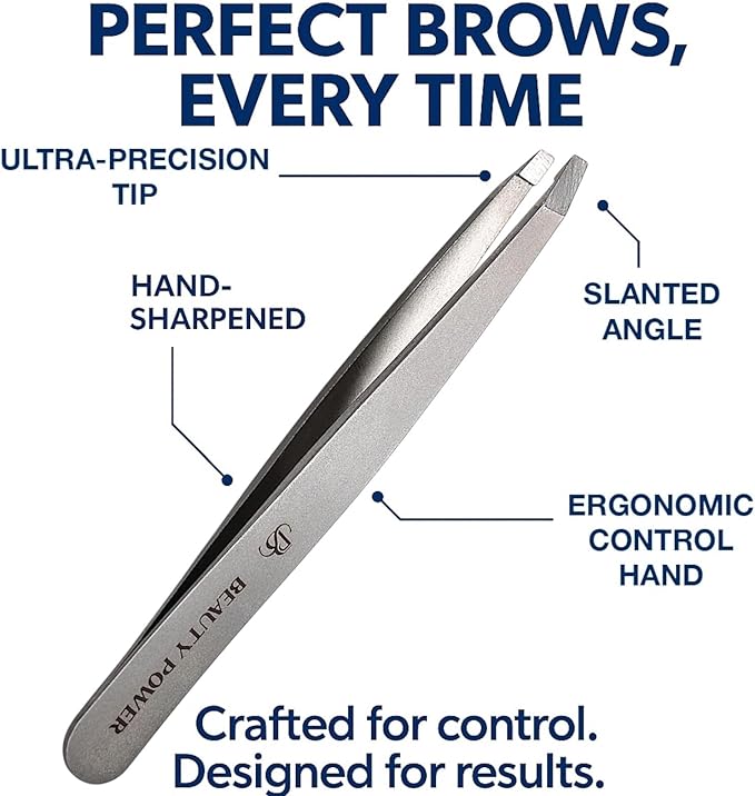 Beauty Power Tweezers for Women Facial Hair: Ultra Precision Tweezers for Women & Men, Sharp Slant Tweezer for Eyebrows, Ingrown Hair Removal. Professional Plucker + Case, German Stainless Steel Gray