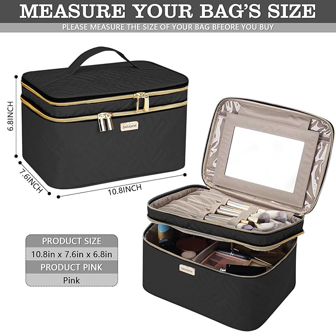 BAFAMYE 8.8L Double Layer Travel Makeup Bag With Mirror For Women, Large Cosmetic Case, Organizer for Travel-Size Accessories Bottles, Brushes,and Skin Care Products, 2.33 GAL, Black