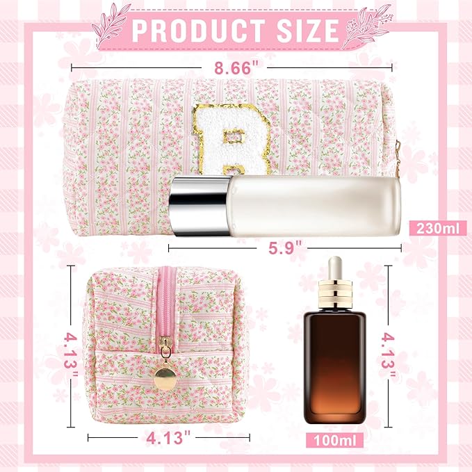 Personalized Quilted Cosmetic Bag, Puffy Monogrammed Christmas Birthday Gifts for Women & Girls, Cute initial Floral Makeup Bag Puffer Coquette Bag, Aesthetic Travel Toiletry Zipper Pouch(Pink,B)