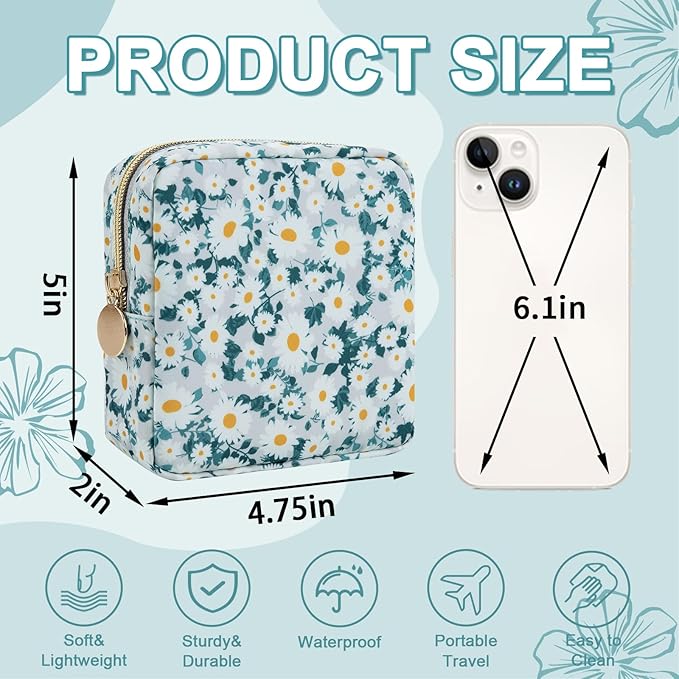 UIXIZQ Waterproof Mini Floral Makeup Bag Pouch for Purse,Nylon Flower Cosmetic Travel Bag Small Preppy Toiletry Organizers Bag for Women Girl,Cute Zipper Pouch Coin Purse for Work(Mini Green-Daisy)