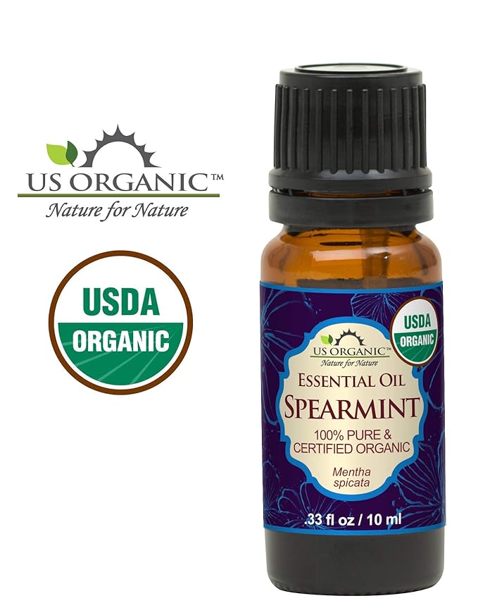 US Organic 100% Pure Spearmint Essential Oil - USDA Certified Organic, Steam Distilled - W/Euro droppers (More Size Variations Available) (10 ml /.33 fl oz)