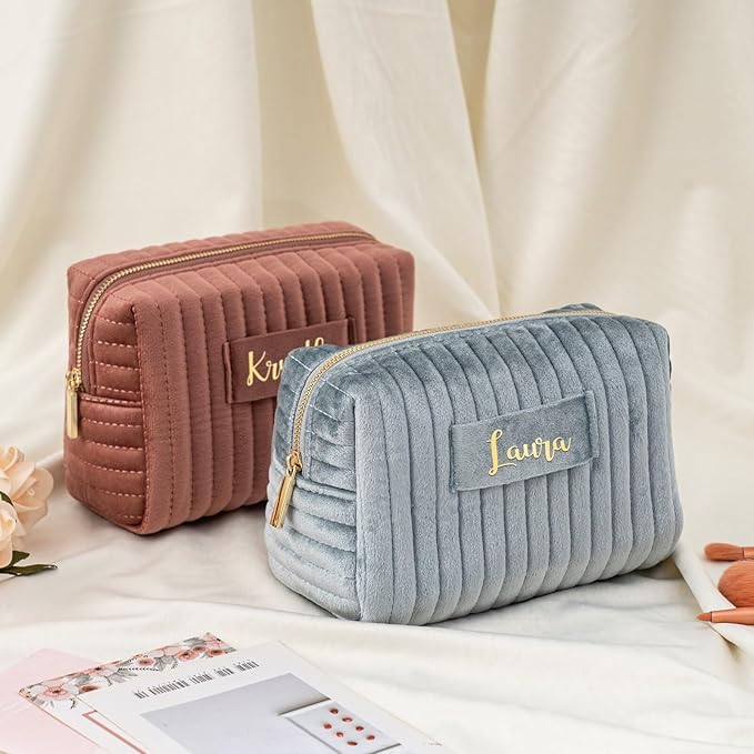 Snirov Personalized Makeup Bag, Velvet Custom Name Travel Makeup Bag with Zipper for Women Teen Girls Birthday Gifts Mothers Day Gifts for Mom