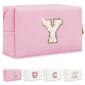 Initial Letter Patch Makeup Bag, Preppy Glitter Letter Pouch Cosmetic Bag,Small PU Travel Toiletry Bag Zipper,Personalized Monogrammed Gift for Friends Sister,Cute Stuff for Women Teen Girls(Letter Y)