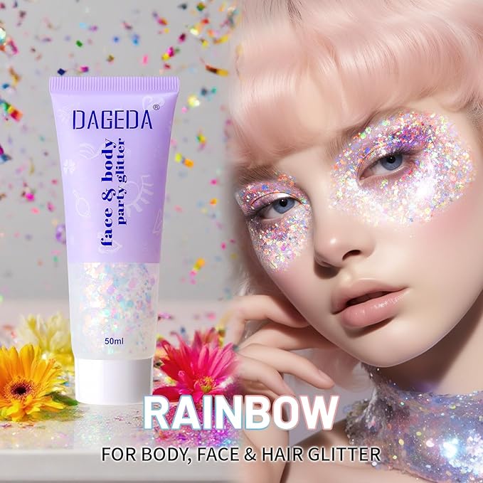 DAGEDA Rainbow Body Glitter Gel, Sparkly Hair Face Glitter Makeup