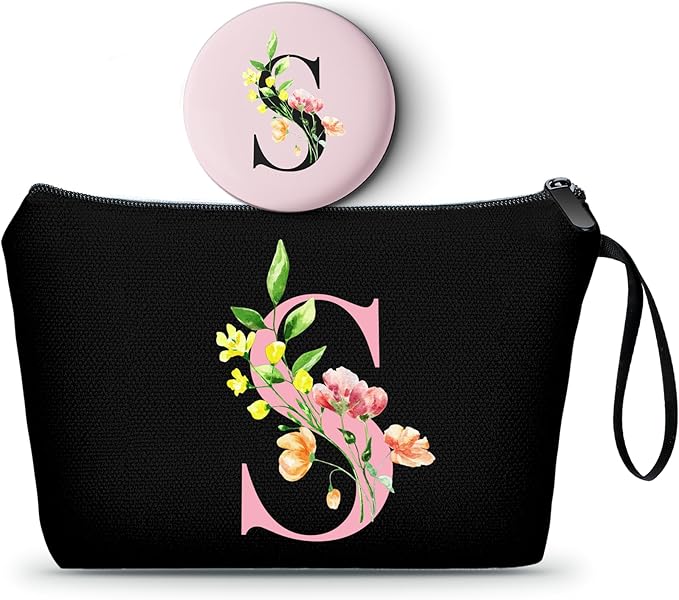A-Z Personalized Bridesmaid Gifts, Initial Makeup Bag with Mirror, S