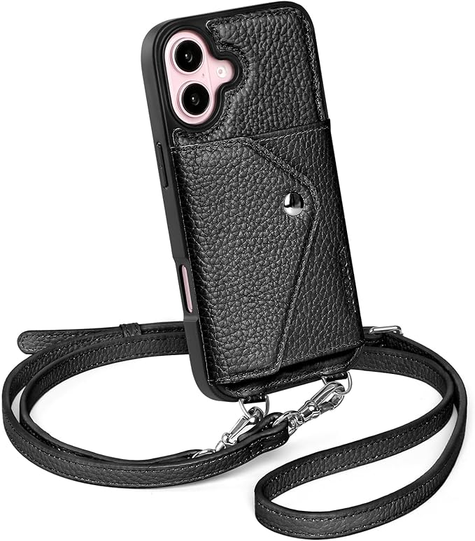 LUCKYCOIN Crossbody Phone Case for iPhone 16,100% Genuine Leather Phone Wallet Case for Women, Fashion Premium Hands-Free Phone Purse with Expandable Flip Card Holder & Adjustable Strap - Pebble Black