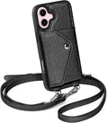 LUCKYCOIN Crossbody Phone Case for iPhone 16,100% Genuine Leather Phone Wallet Case for Women, Fashion Premium Hands-Free Phone Purse with Expandable Flip Card Holder & Adjustable Strap - Pebble Black