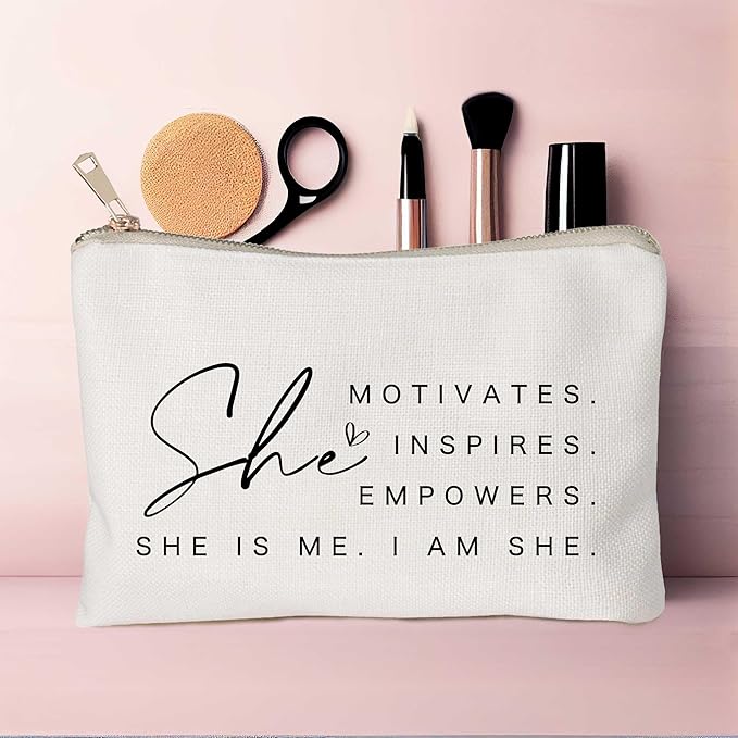 HubbgDesign She Motivates Inspires Empowers Makeup Bag She is Me Entrepreneurship Gift Women's Motivational Cosmetic Bags Powerful and Inspirational Travel Bag Gift for Her