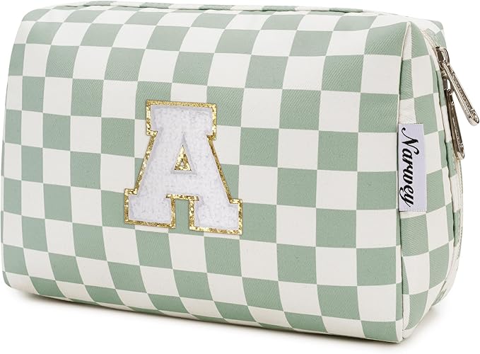 Narwey Initial Makeup Bag, Graduation Gifts for Teen Girls kids Tween, Trendy Stuff 6-18 Years Old, Personalized Monogram Travel Cosmetic Bag, Birthday Teacher Bridesmaid Mom Gifts for Women (Green A)