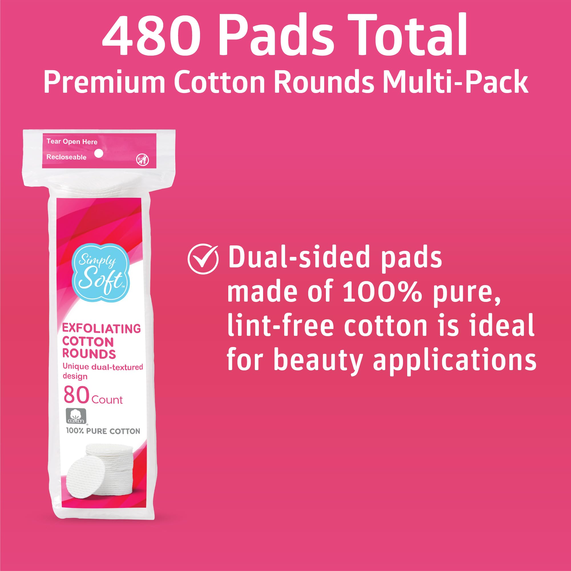 Simply Soft Hypoallergenic Exfoliating Dual Textured Cotton Rounds Pads, 80 Count (Pack of 6)