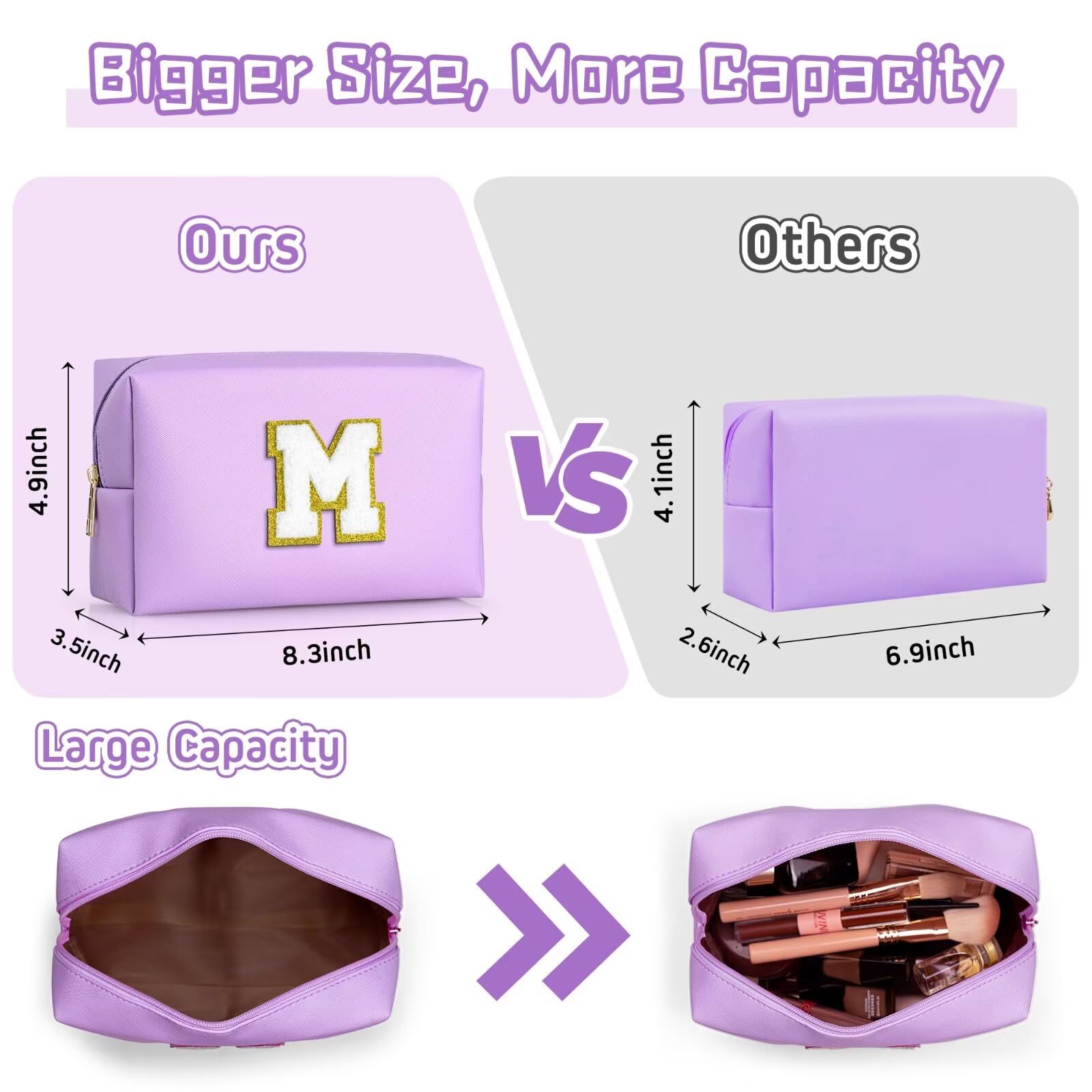 TOPEAST Preppy Stuff for Girls, Initial Makeup Bag Chenille Letter Pouch Cosmetic Bag with Zipper, PU Leather Waterproof Toiletry Bag, Cute Stuff Birthday Gift for Friends Sister (Purple T)