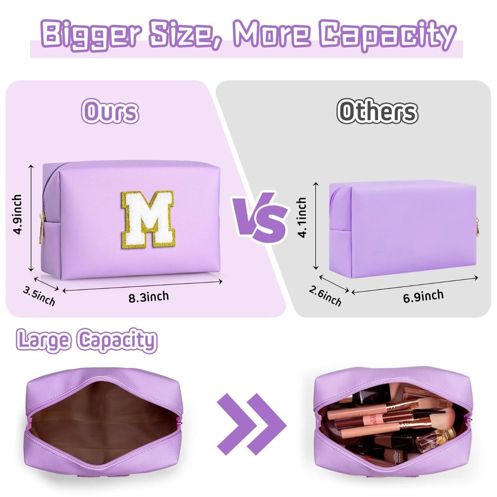 TOPEAST Initial Makeup Bag for Travel, Chenille Letter Pouch Cosmetic Bag, PU Leather Waterproof Toiletry Bag, Personalized Gifts for Bride Bridemaids, Cute Things for Girls (Purple Q)