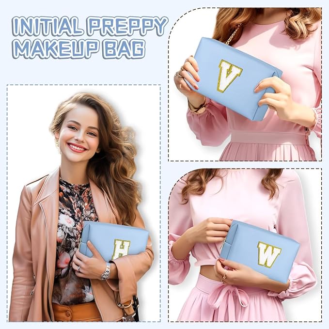 TOPEAST Preppy Makeup Bag, Small Cosmetic Travel Bags for Women, PU Leather Waterproof Toiletry Bag with Zipper, Personalized Birthday Gift for Women Girl, Preppy Gifts for Girl (Sky Blue F)