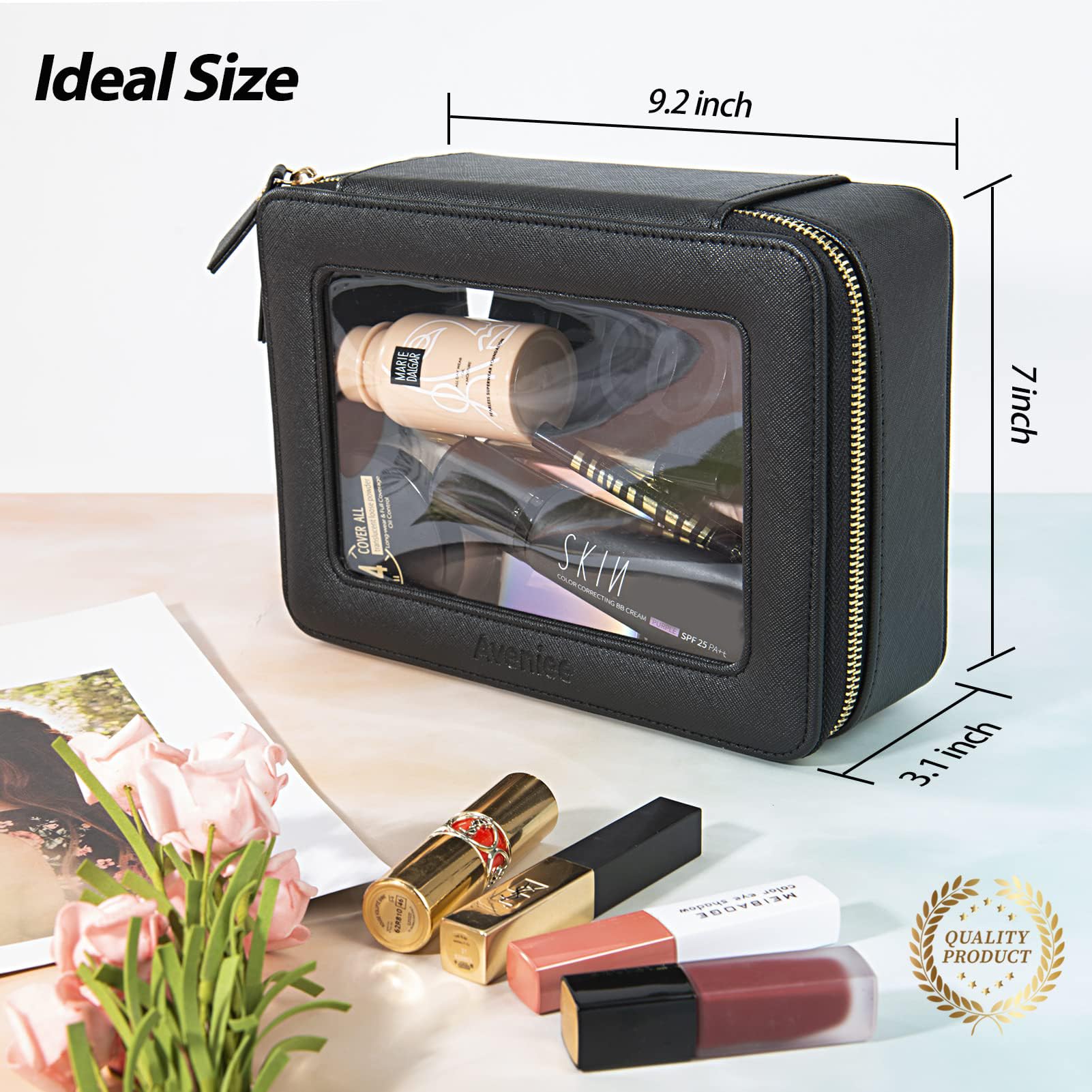 Aveniee Clear Makeup Bag Organizer,Large Travel Toiletry Bag for Women, Waterproof Cosmetic Pouch with Zippers,Car Organizers and Storage Case for Accessories,Black