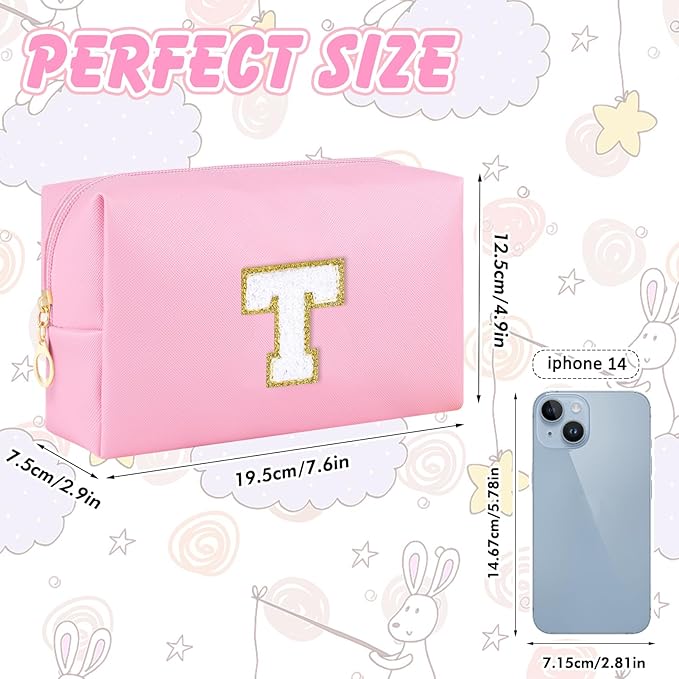URSKYTOUS Initial Preppy Makeup Bag for Women Teen Girls Travel Small Cosmetic Bag Cute Pink Personalized Preppy Makeup Pouch Zippered Toiletry Bag Organizer PU Leather Aesthetic Makeup Bag（T）