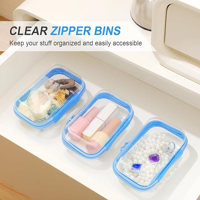 Hoolerry 3 Pcs Clear Hard Zipper Case Hard Plastic Zipper Pouch Makeup Bag Portable Travel Organizer for Cosmetics, Office Supplies, Documents & Toiletries(Blue,Xs)