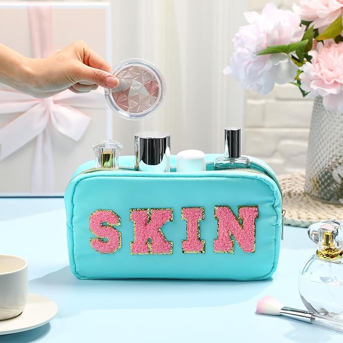 Remerry 4 Pcs Nylon Makeup Bags Waterproof Spacious Travel Cosmetic Bag for Women Chenille Letter Preppy Zipper Pouch Face Stuff Skin Hair Organizer Gift(Light Blue)