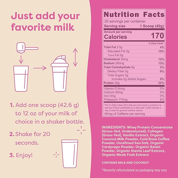 FlavCity All in One Protein Shake Powder, Vanilla Latte - 60mg Caffeine + Collagen Peptides, Reishi & Cordyceps - Focus, Skin, Hair & Joint Support - 100% Grass Fed Whey, 20 Servings