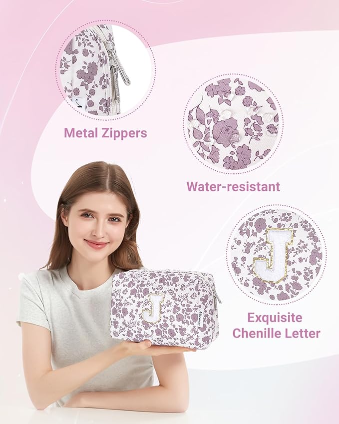 Narwey Birthday Gifts for Teen Girls Kids Women Personalized Initial Floral Makeup Bag Cute Cosmetic Trendy Stuff 6 8 10 11 12 13 14 16 18 Years Old Travel Toiletry Bag (Little Dusty Pink Flower J)