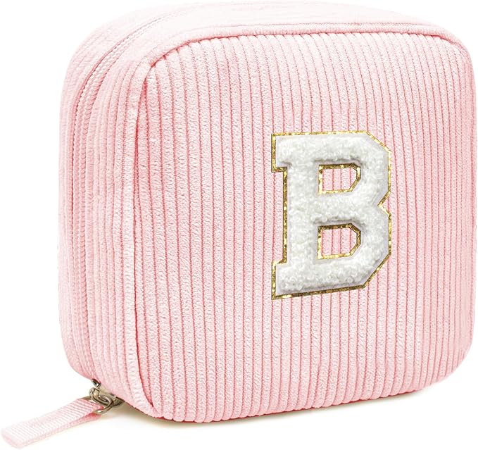 Cute Monogram Personalized Initial Makeup Bag - Pink Cosmetic Pouch Make Up Case for Her Best Friend, Sister, Teacher - Birthday Gifts (Letter B, Pink)