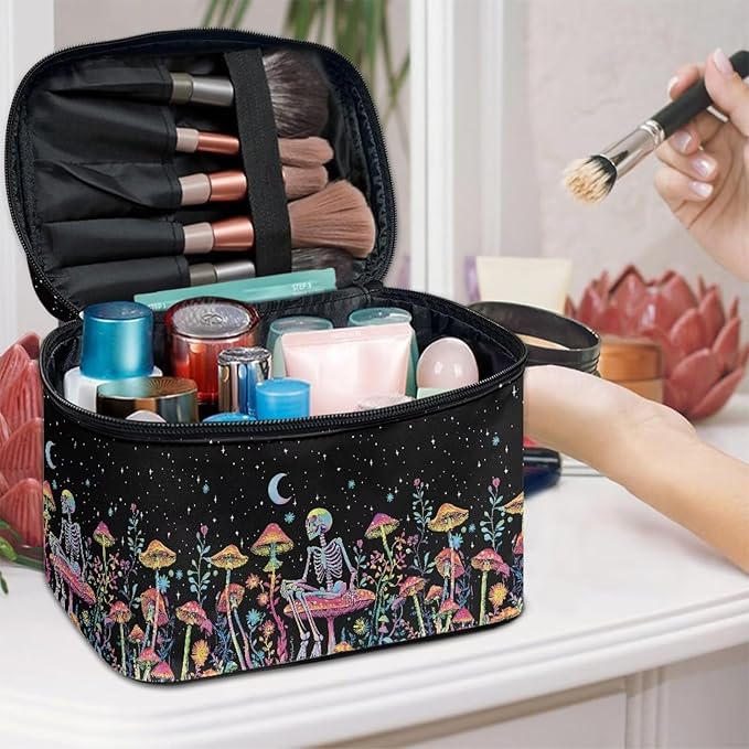 Drydeepin Colorful Mushroom Skull Floral Pattern Travel Makeup Bag for Women Large Capacity Cosmetic Bag with Zipper and Handle Portable Toiletry Bag Make Up Organizers
