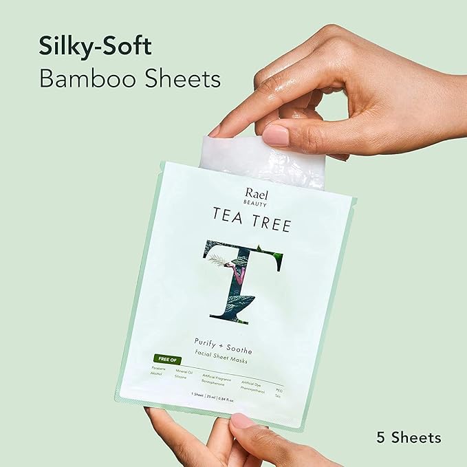 Rael Bamboo Face Sheet Masks, Daily Hydration Skincare (Tea Tree, 5 Ct)
