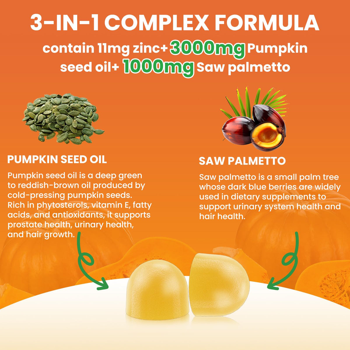 Jabsah Pumpkin Seed Oil with Saw Palmetto Gummies, Pumpkin Seed Oil Supplement for Hair Growth, Prostate Health, Bladder &Urinary Tract Support, High Pure Extract for Adults, Orange Flavor, 120 Count