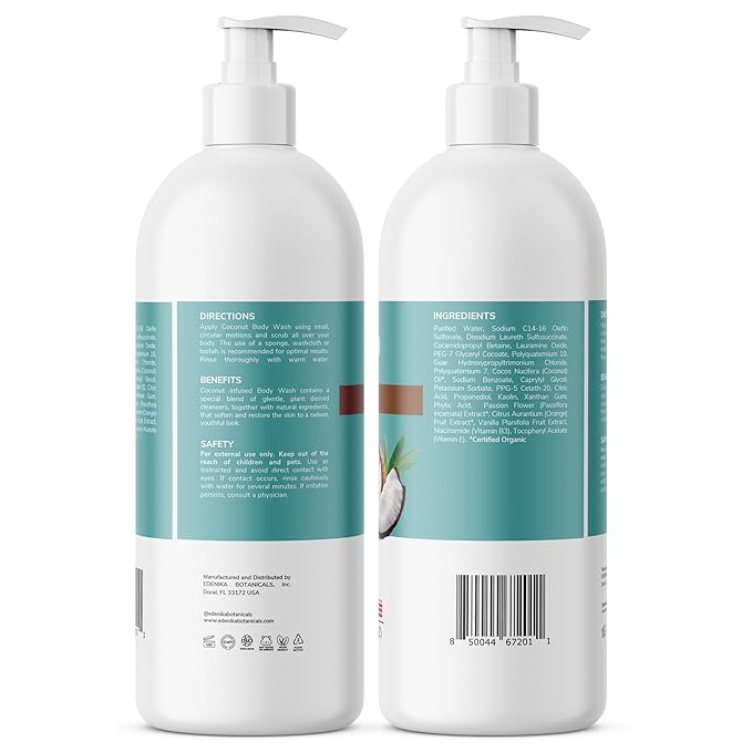 EDENIKA BOTANICALS Coconut Body Wash, Cleans, Softens & Nourishes, Ultra Moisturizing Shower Gel for Dry and Sensitive Skin, Women & Men, Organic & Natural, 16 fl oz, 2-Pack