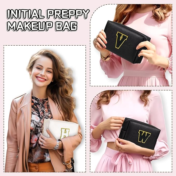 TOPEAST Birthday Gifts for Girls, Travel Makeup Bag Chenille Letter Pouch Cosmetic Bag, Makeup Travel Organizer, Monogrammed Bridesmaid Gifts for Women, Cute Stuff for Girls (Black J)