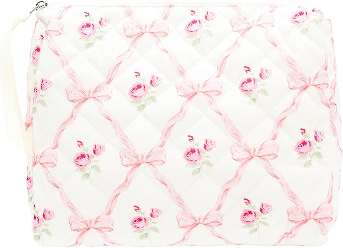 Quilted Makeup Pouch for Women, Travel Cosmetic&Toiletry Bag,Bow Rose