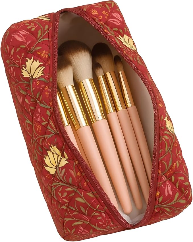 OIMEI Floral Quilted Cotton Makeup Bag for Women, Large Capacity Travel Cosmetic Pouch with Zipper, Cute Toiletry & Brush Organizer, Kawaii Makeup Storage Case – Garden Red