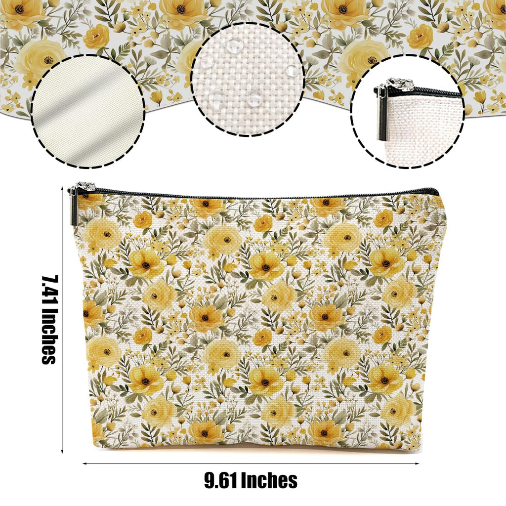 DHKG 4 Packs Watercolor Pink Yellow Flowers Makeup Bag Floral Cosmetic Bag Friend Friendship Gifts for Women Girls Bestie Botanical Travel Organizer Zipper Pouch Christmas Thanksgiving Birthday Gifts