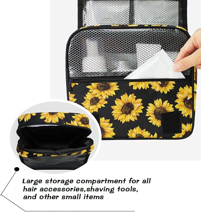 Hanging Travel Toiletry Bag Kit Makeup Case Cosmetics Organizer for Men Women (Black Sunflower)