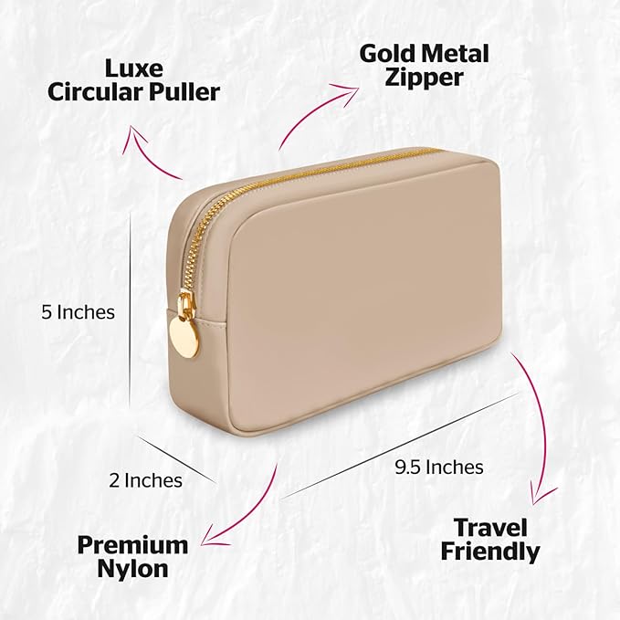 Dancour Small Zipper Pouch, Beige, 9.5in x 2in x 5in, Water Resistant, Nylon Material, Single Pocket, Perfect for Makeup, Toiletries, and Accessories
