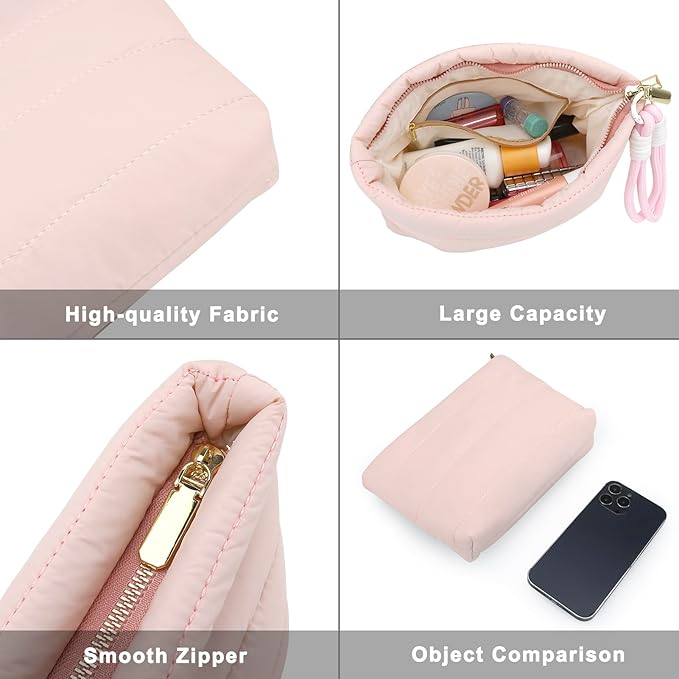 DOB SECHS Quilted Makeup Bag with Handle Detachable Cute Striped Puffy Cotton Cosmetic Bag for Women, Small Puffer Toiletry Zipper Make Up Pouch Clutch Bag Travel Organizer Storage Pouches Case, Pink